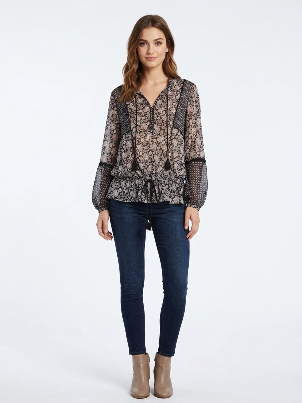 Zara Black and Beige Floral Tie-Waist Peasant Blouse